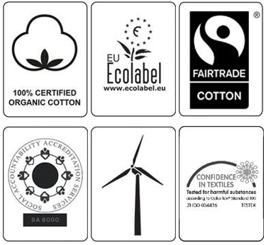 Certifikater: 100% certified organic cotton, EU-ecolabel, Fairtrade, SA8000, Oeko-Tex Standard 100