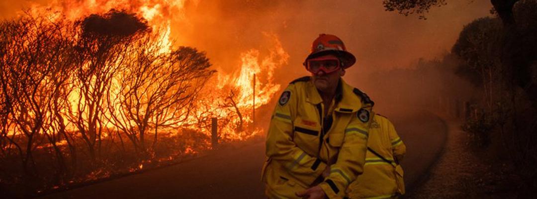 Brandmand kæmper mod skovbrand.