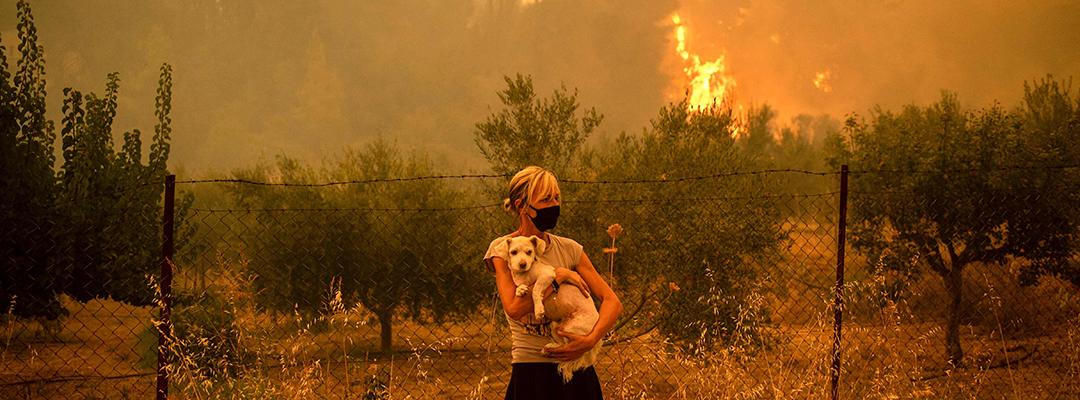 Kvinde og hund i skovbrand midt i klimakrisen