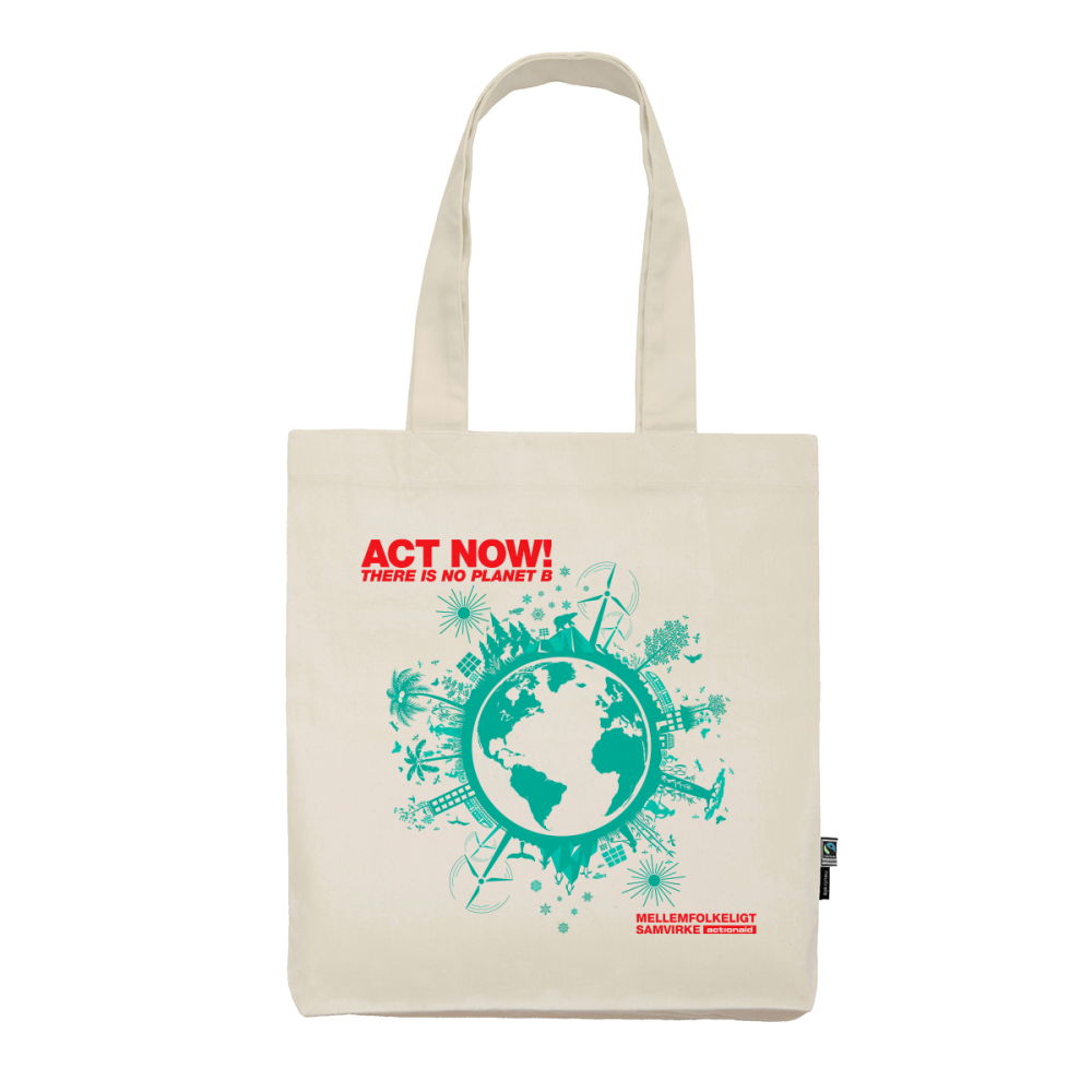 Hvid mulepose med grøn grafik og teksten Act now. There is no planet b.